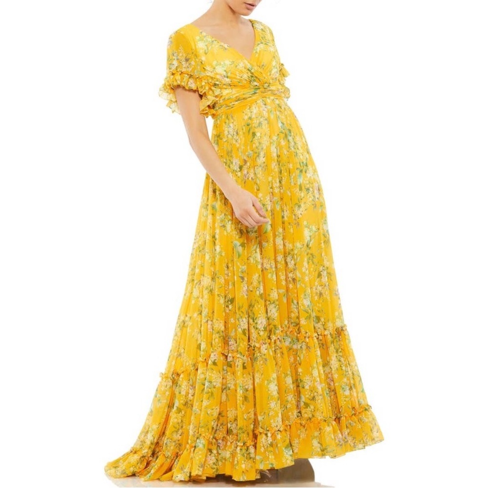Mac Duggal Yellow Floral Empire Waist Chiffon Formal Gown Size 16 NWT